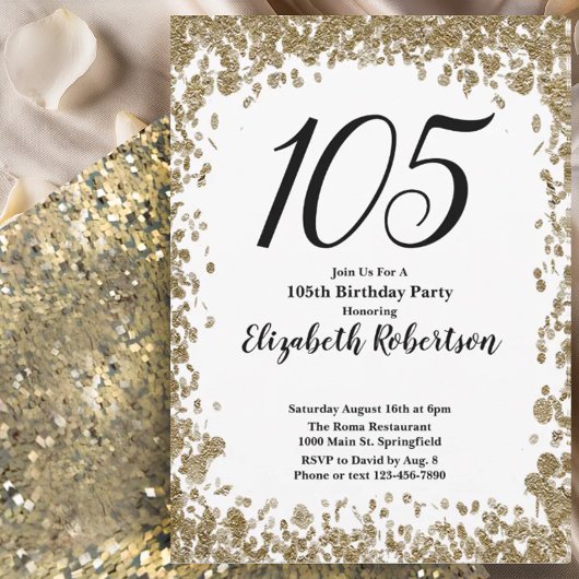 彼女のためのエレガントな105歳の誕生日招待状（ゴールド） 招待状