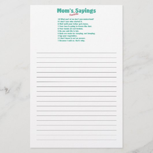 彼女のためのギフトのお母さんのお気に入りのなことわざ 便箋 (正面)