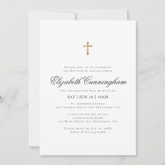 彼女のためのバプテスマ |ミニマル金ゴールドクロス 招待状 (正面)