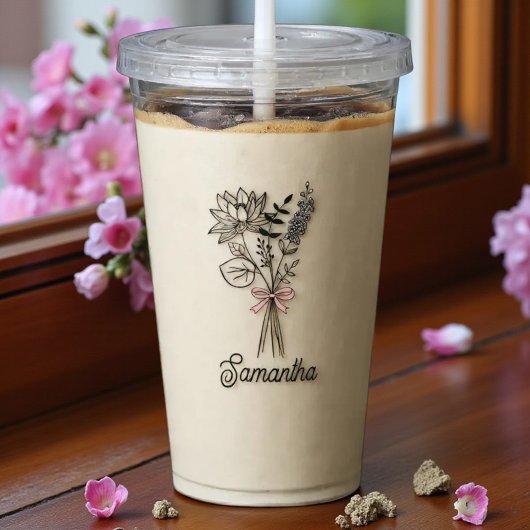 彼女のためのパーソナライズされた花ピンクのリボン アクリルタンブラー