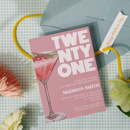 彼女のためのピンクのカクテルをテーマにした21歳の誕生日パーティー 招待状