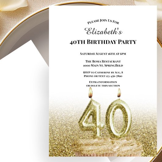 彼女のためのホワイト&ゴールドの40歳の誕生日招待状 招待状