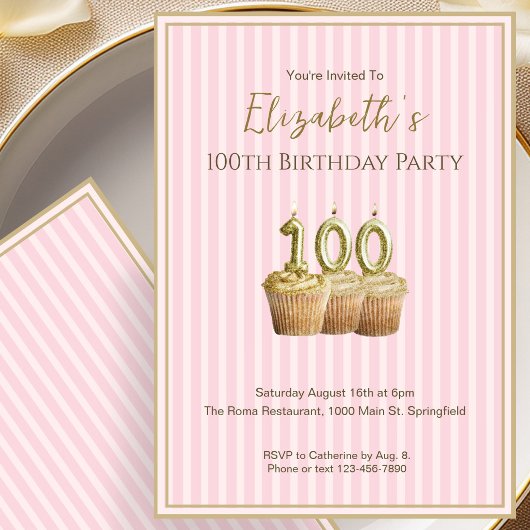 彼女のためのユニークなピンクゴールドの100歳の誕生日招待状 招待状