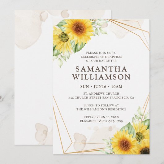 彼女のための洗礼ひまわり花幾何学 招待状 (正面/裏面)