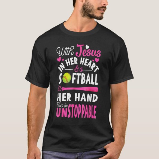 彼女のソフトボールのハートでイエスは彼女のために彼女の手の投手 Tシャツ (正面)