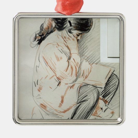 彼女のトイドッグに坐るPauletteの読書 メタルオーナメント (正面)