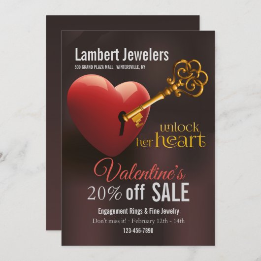 彼女のハートのバレンタインの販売促進の鍵を開けて下さい 招待状 (正面/裏面)
