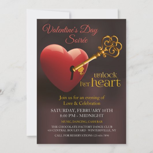 彼女のハートのバレンタインデーのパーティーの鍵を開けて下さい 招待状 (正面)