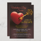 彼女のハートのバレンタインデーのパーティーの鍵を開けて下さい 招待状 (正面/裏面)