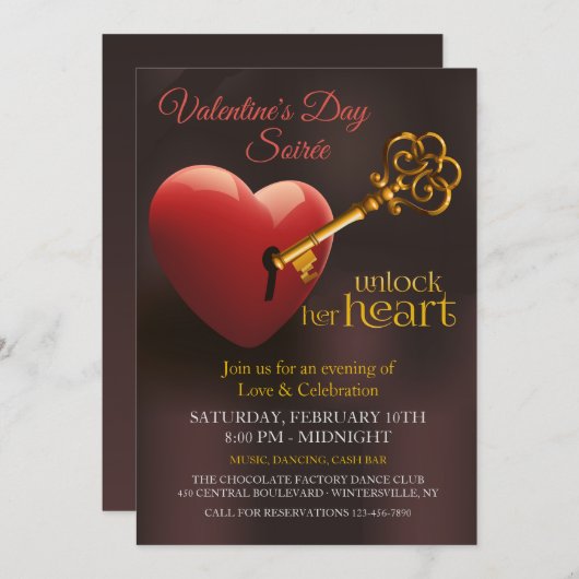 彼女のハートのバレンタインデーのパーティーの鍵を開けて下さい 招待状 (正面/裏面)