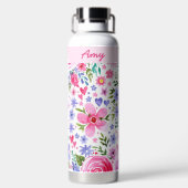 彼女のピンクの水色の花柄の名前のために ウォーターボトル (背面)
