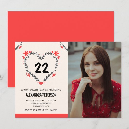 彼女のフラワーハートのための22歳の誕生日招待状 招待状 (正面/裏面)