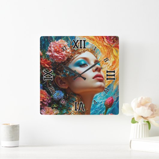 彼女のフローラはAIコンセプトアートを楽しむXzendor7 スクエア壁時計 (ホーム)