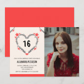 彼女のフローラルハートの16歳の誕生日招待状 招待状 (正面/裏面)
