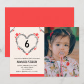 彼女のフローラルハートの6歳の誕生日招待状 招待状 (正面/裏面)