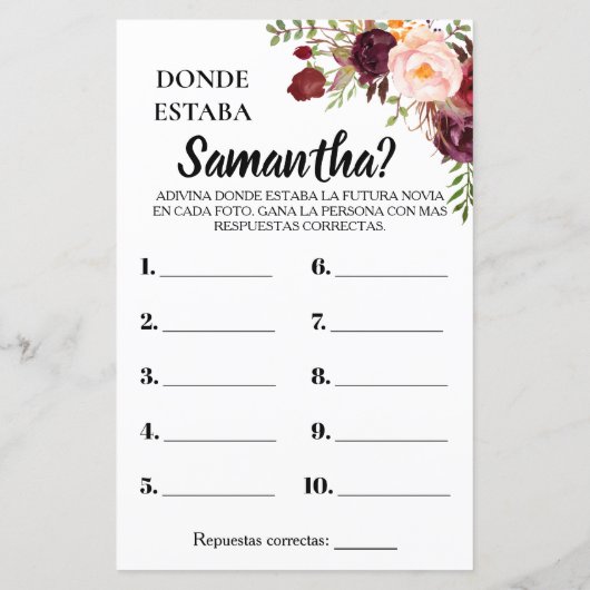 彼女のブライダルシャワー英語のゲスペインのーム (裏面)