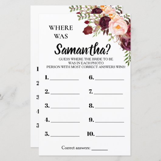 彼女のブライダルシャワー英語のゲスペインのーム (正面/裏面)