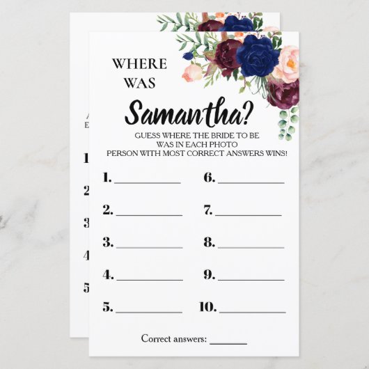 彼女のブライダルシャワー英語のゲスペインのーム (正面/裏面)