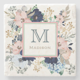 彼女のブルーお気に入りの&ピンクローズモノグラム ストーンコースター