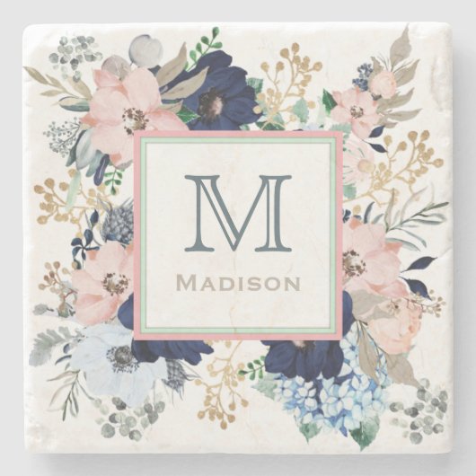 彼女のブルーお気に入りの&ピンクローズモノグラム ストーンコースター (正面)