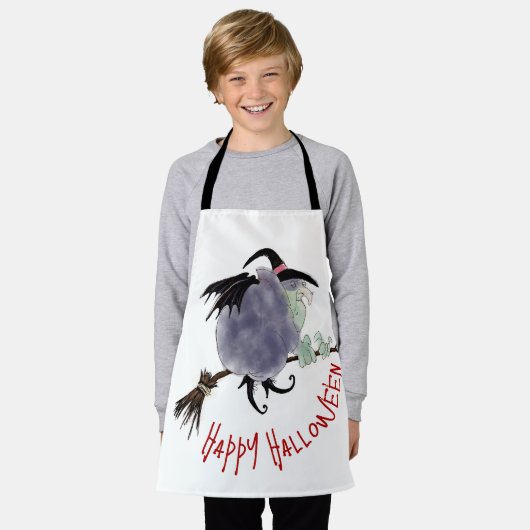 彼女のブロムスティックの可愛い魔女ハロウィンキッズオウム エプロン (着用した状態)