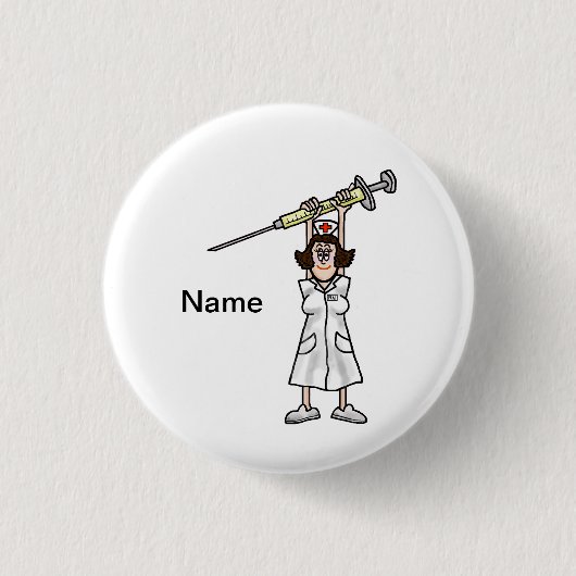 彼女のヘッドボタン上のスポイトを握っている漫画のナース 缶バッジ (正面)