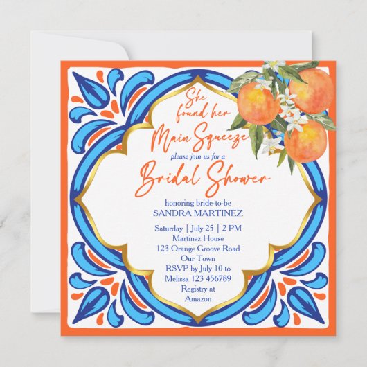 彼女のメインスクイーズブライダルシャワーオレンジブルー招待状 招待状 (正面)