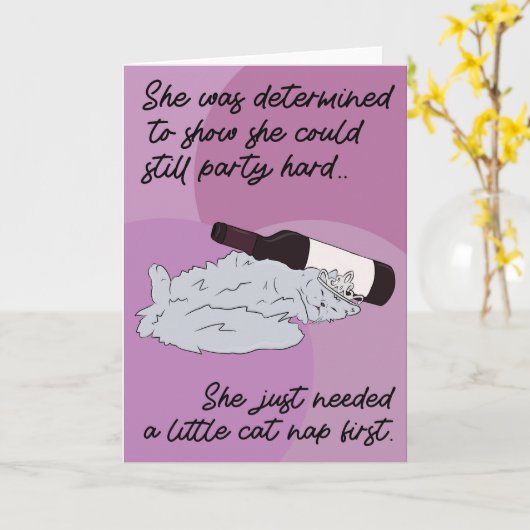 彼女のユーモアおもしろい猫の飲誕生日カード カード (黄色い花)