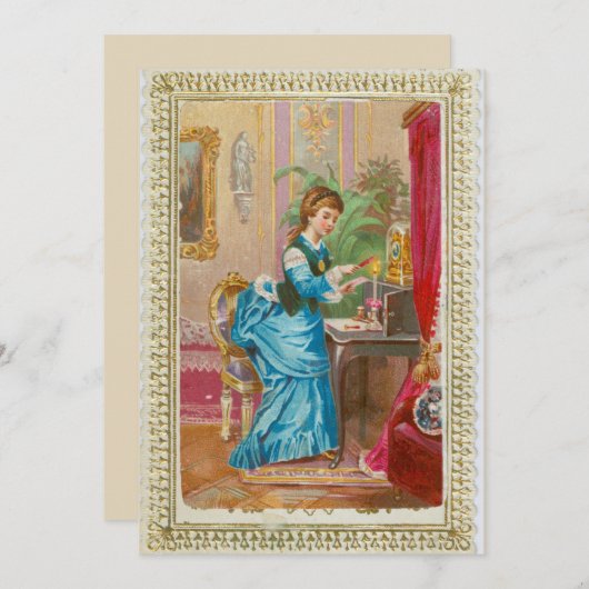 彼女のライティングデスクのビクトリアンな女性 招待状 (正面/裏面)