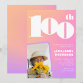 彼女のレトロ写真のためのピンク100th誕生日の招待 招待状 (正面/裏面)
