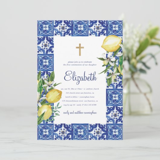 彼女のレモンの葉のタイルのための地中海の聖餐式 招待状 (スタンド正面)