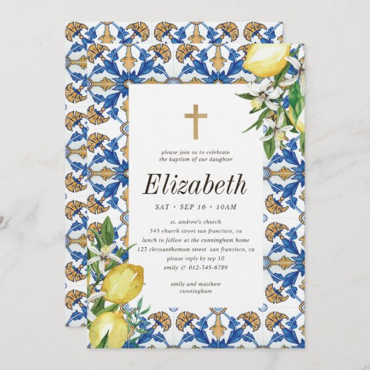彼女のレモンタイルのヴィンテージ地中海の洗礼 招待状 (正面/裏面)