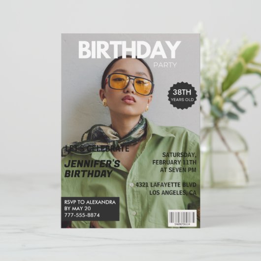 彼女の写真スタイリッシュ38歳の誕生日のための雑誌表紙 招待状 (スタンド正面)