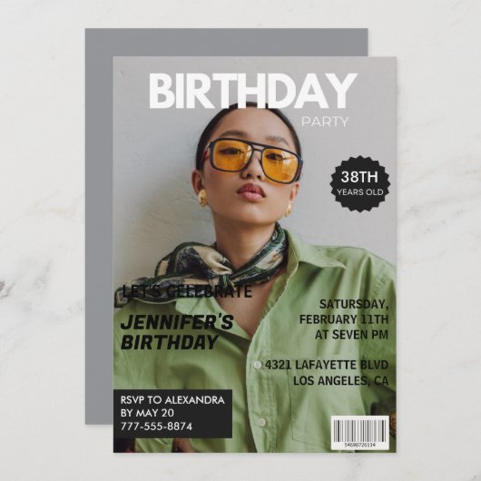 彼女の写真スタイリッシュ38歳の誕生日のための雑誌表紙 招待状 (正面/裏面)