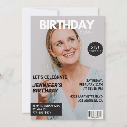 彼女の写真スタイリッシュ51歳の誕生日のための雑誌表紙 招待状 (正面)