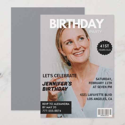 彼女の写真付きおしゃれな雑誌表紙 41歳の誕生日 招待状 (正面/裏面)