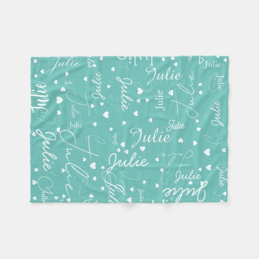 彼女の名前とハートは光のティール(緑がかった色)全体 フリースブランケット (正面(横))