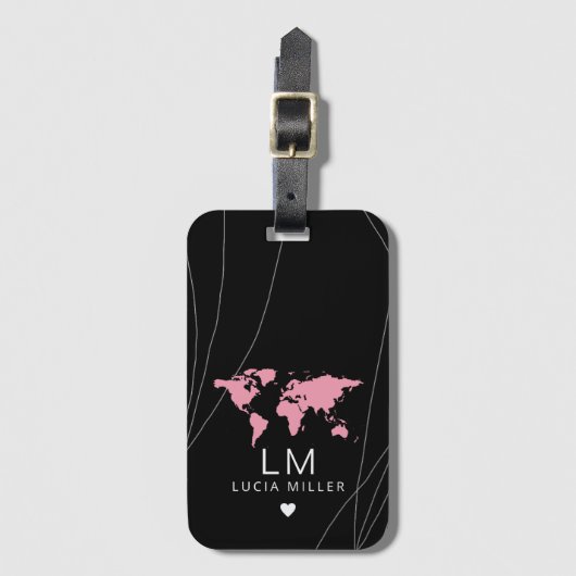 彼女の名前とワールドマップを持つ黒いトラベルラゲージタグ ラゲッジタグ (正面縦)