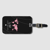 彼女の名前とワールドマップを持つ黒いトラベルラゲージタグ ラゲッジタグ (正面横)