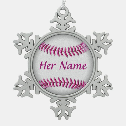 彼女の名前のパーソナライズな野球のオーナメント スノーフレークピューターオーナメント (正面)