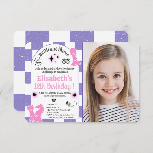 彼女の女の子のためのチェスの誕生日カスタムパーティー写真 招待状 (正面/裏面)