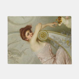 彼女の子犬をなでている魅力的な若い女性 ドアマット