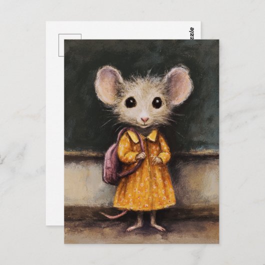 彼女の学校初日の愛らしいネズミ ポストカード (正面/裏面)