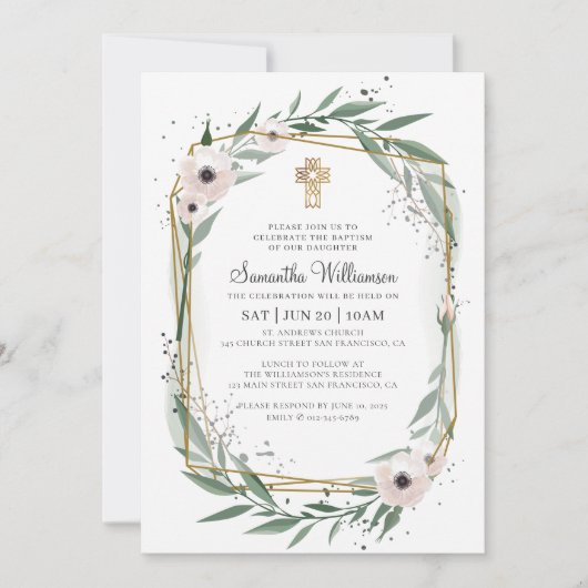 彼女の幾何学的なモダンフローラ交差の洗礼 招待状 (正面)
