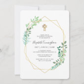 彼女の幾何学的な葉の金ゴールドクロスのためのバプテスマ 招待状 (正面)