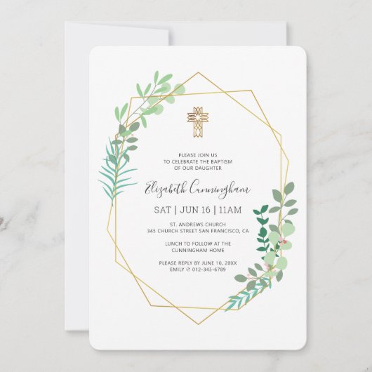 彼女の幾何学的な葉の金ゴールドクロスのためのバプテスマ 招待状 (正面)