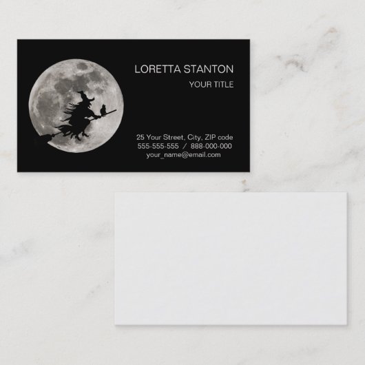 彼女の後ろの明るい月を持つ飛んでいるな魔法使い 名刺 (正面/裏面)