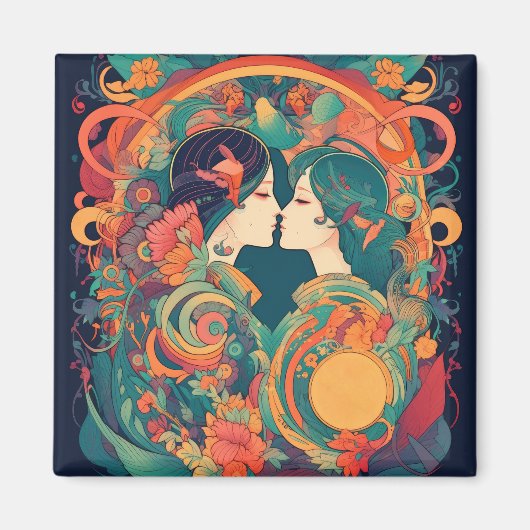 彼女の愛、彼女の方法 |レズビアンキスアールデコスタイル マグネット (正面)