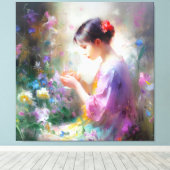 彼女の手の中の花を称賛する女の子 キャンバスプリント (インサイチュ (ウッドフロア))
