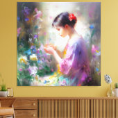 彼女の手の中の花を称賛する女の子 キャンバスプリント (インサイチュ (リビング))